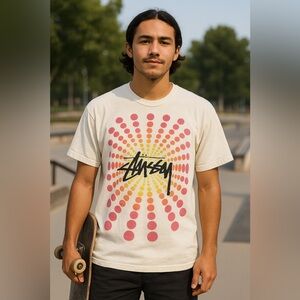 Stüssy Dot Burst Graphic T-Shirt L White Pink Yellow Streetwear Rare Y2K Skate